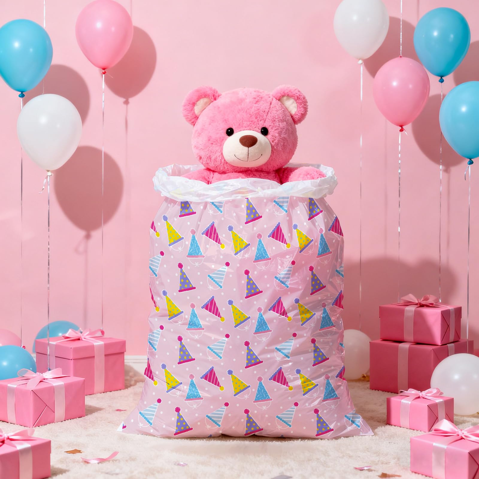 WRAPAHOLIC 56" Extra Large Birthday Plastic Gift Bag - Pink Party Hat Jumbo Bike Bag Gift Wrap for Women Girls Birthday, Baby Shower, Wedding, Bridal Shower - 56" H x 36" W