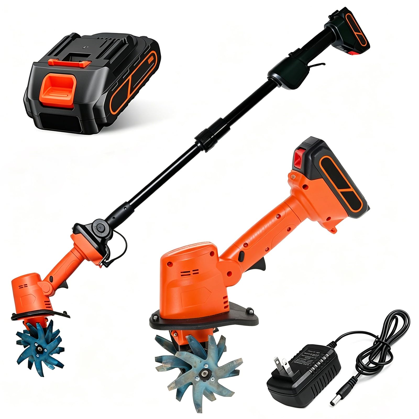 Mini coltivatore 2-in-1 Elettrico, rotovator da Giardino con Asta telescopica Lunga, profondità di Lavorazione 10 cm e Larghezza di Lavoro 10 cm, Picco Tiller + Extension Pole + 1 Battery + 1 Charger