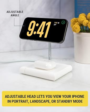 Scosche BL2MSiQWT-AP BaseLynxTM 2.0 2-in-1 Modular Charging Station with MagSafe, 15W Fast Wireless Charging Phone Stand Compatible w/Apple iPhone 15/14/13/12 Series, 5W Charger Pad for AirPods, White