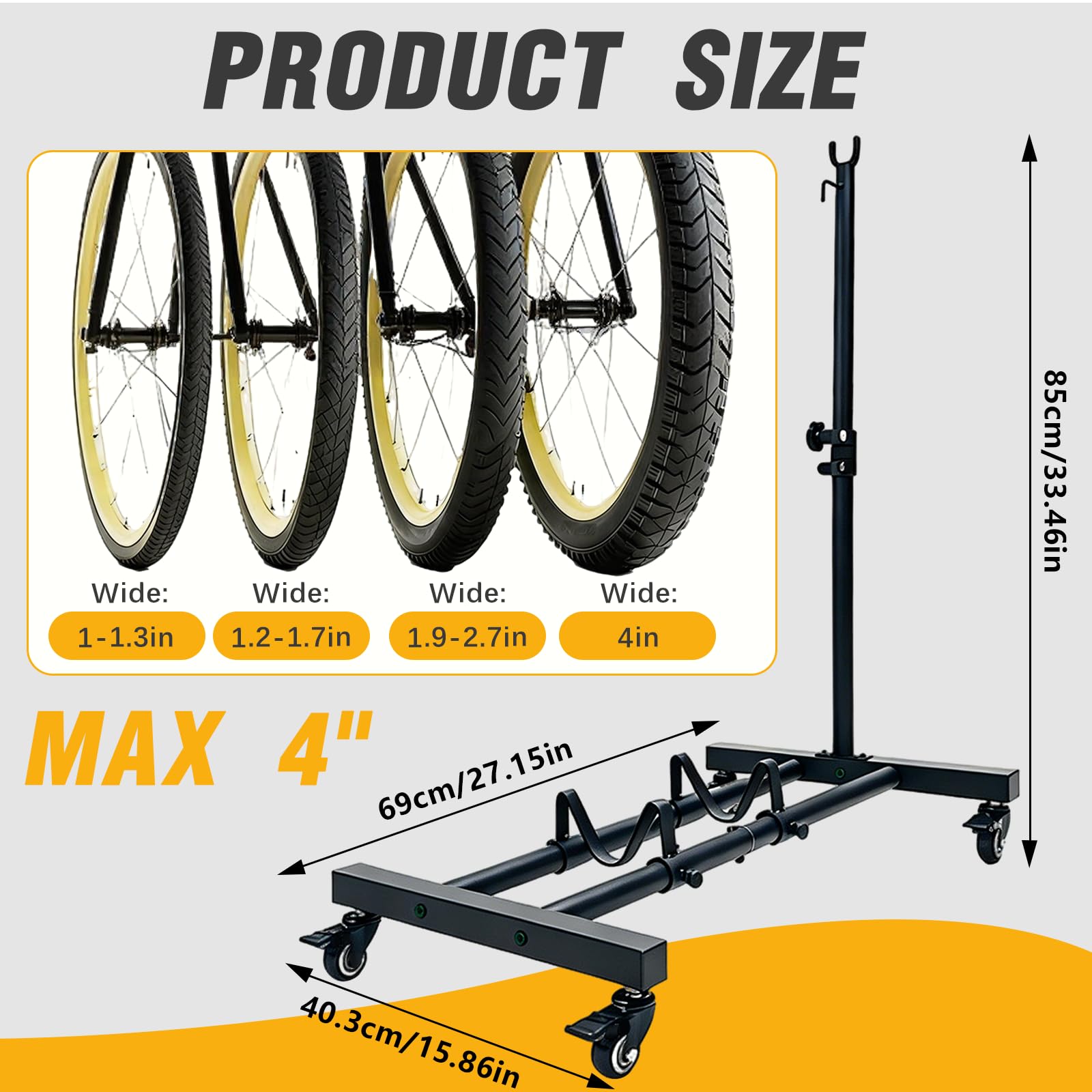 BRGD Support Vertical de Vélo avec Roues 360°, D'intérieur Autonome Capacité de Charge Jusqu'à 50kg, Compatible avec des Pneus Jusqu'à 4 Pouces