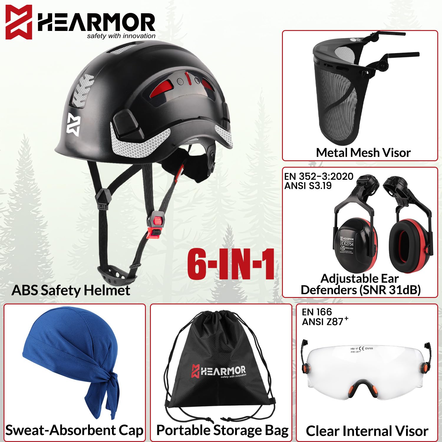 HEARMOR VOLTEK - Casco di sicurezza forestale in ABS con visiera di sicurezza integrata, protezione completa per testa, occhi, viso e udito, design ventilato antiurto
