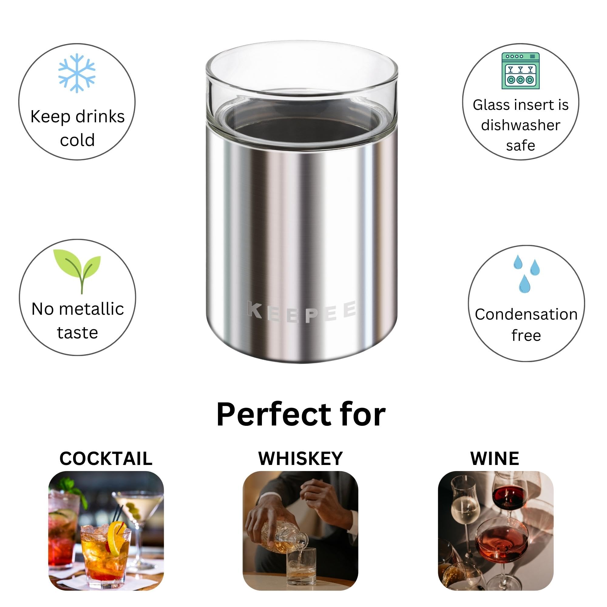 Vaso de whisky con base de acero inoxidable aislada al vacío, juego de 2, vaso aislado con inserto de vidrio extraíble, vaso de bola baja estilo antiguo para margaritas, bourbon de 10 onzas