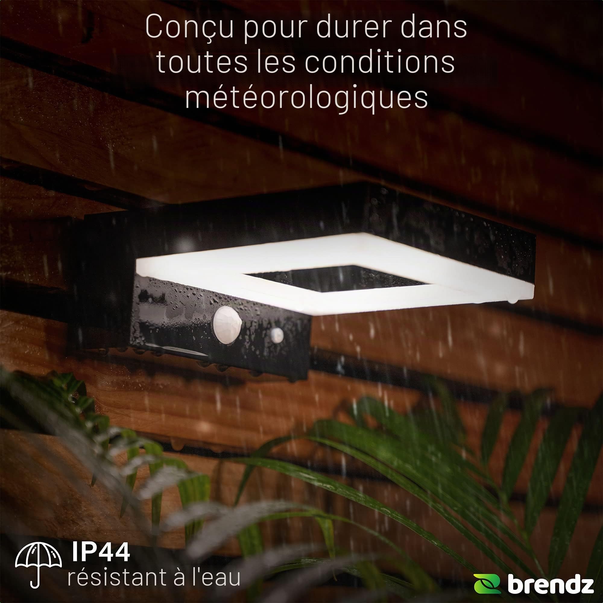Brendz Applique murale exterieur solaire, Detecteur de mouvement, Lampe solaire exterieur, 600 Lumens, blanc chaud 3000k, Imperméable IP44, Eclairage exterieur solaire avec 3 Modes de Lumière, (2 pcs)