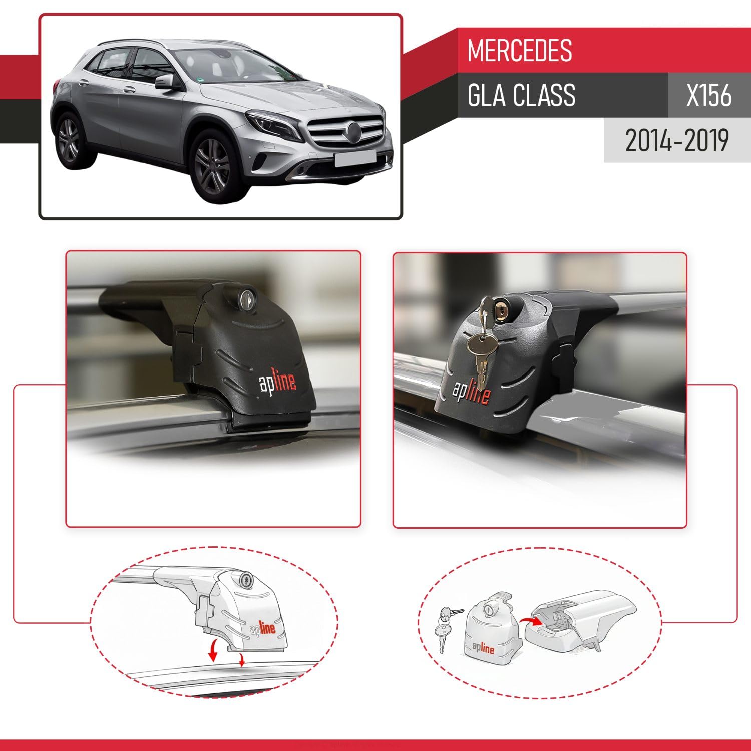 Compatible con Mercedes GLA Class (X156) 2014-2019 Modelo Ace-2 Barra de Techo Auto Portaequipajes Barras Transversales Gris Aluminio 2 Barras
