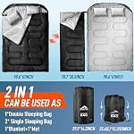 MEREZA Sac de couchage double pour adultes Hommes avec oreiller, XL Queen Size Deux personnes Sac de couchage pour toute la saison Camping Randonnée Backpacking 2 Sacs de couchage pour les personnes chaudes par temps froid