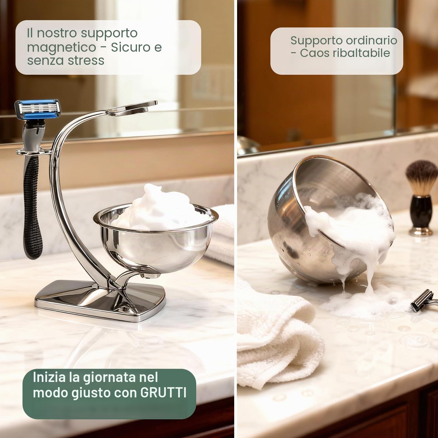 GRUTTI Set di Rasatura 2 in 1 per Uomini - Supporto Magnetico + Ciotola in Acciaio Inox, Compatibile con Rasoi Manuali (Senza Spazzola)