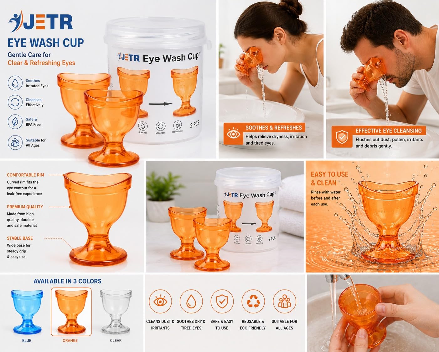 ChillEyes Augenwaschbecher für effektive Augenreinigung - mit Aufbewahrungsbehälter - Augenförmiger Rand, Smug Fit - Augenwaschbecher aus Kunststoff (Orange)