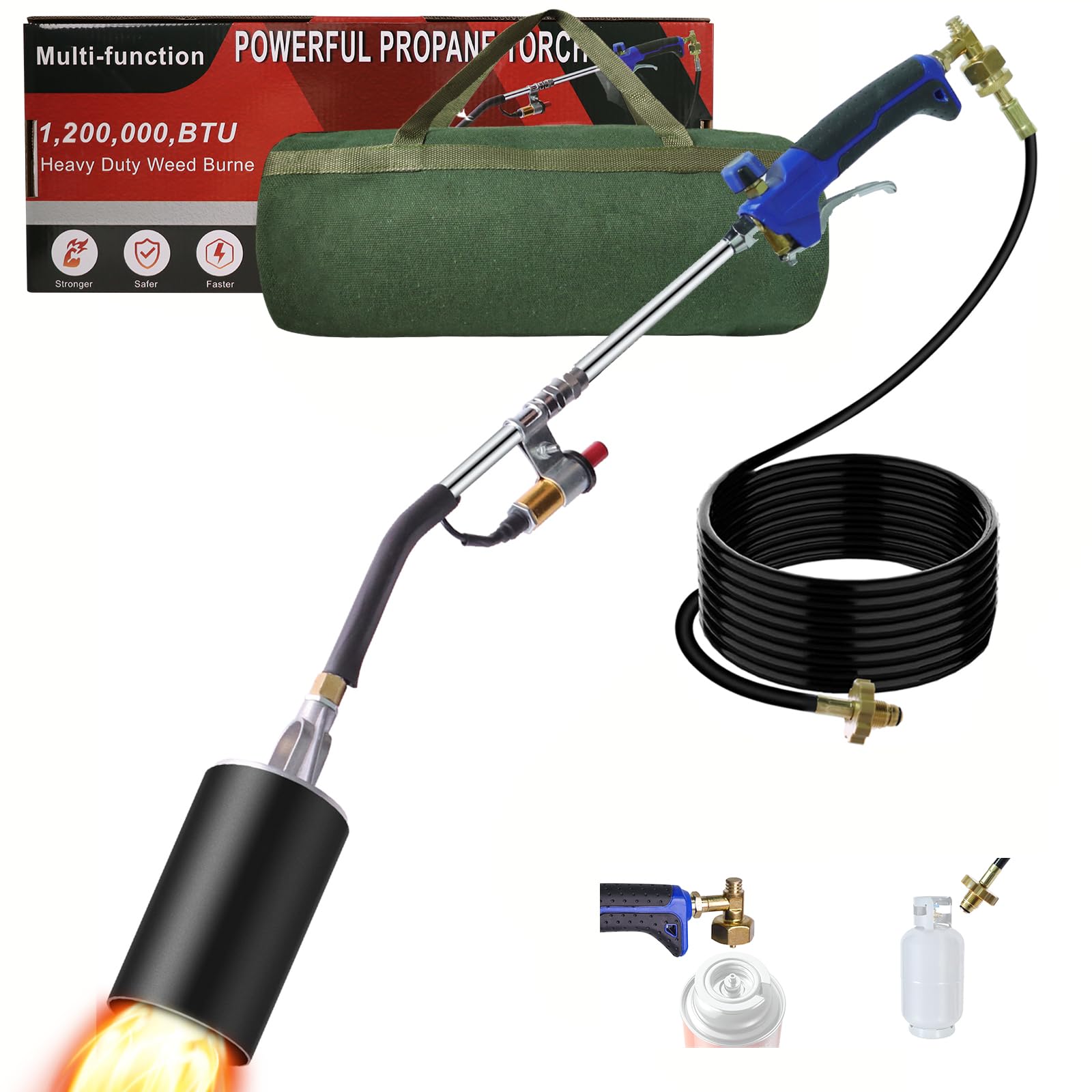 Propane Torch Weed Burner Kit, Weed Torch with 1lb Propane Cylinder Converter, Output 1,200,000 BTU,10FT Hose, Heavy Duty Blow Torch with Self Igniter,Flame Thrower for Weeds, Garden,Snow Melting