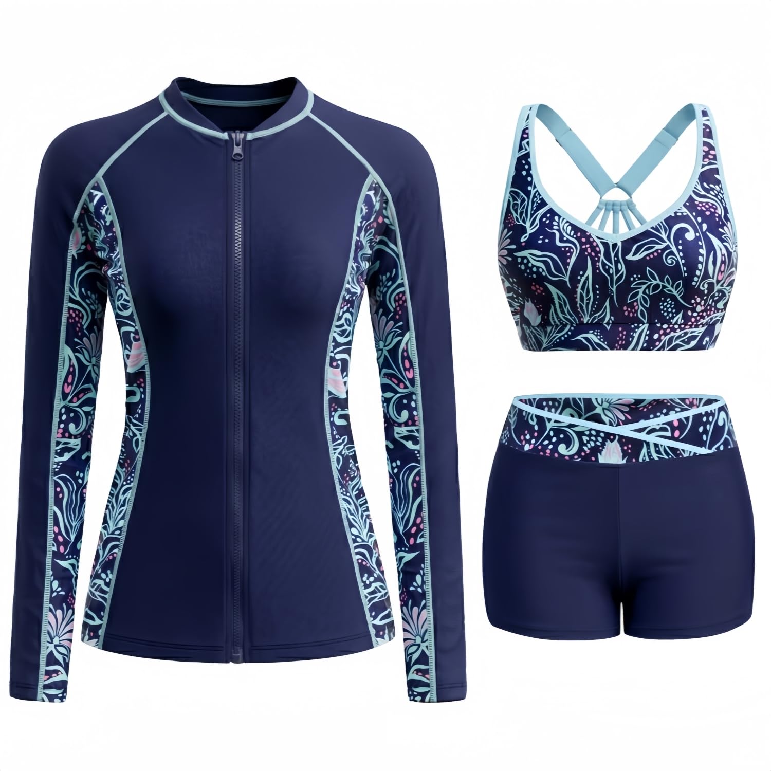 Women 3 Piece Rash Guard - Long Sleeve Zip Up Swim Shirt with Sports Bra and Shorts UPF 50+ Modest Swimuits 2026-image-35