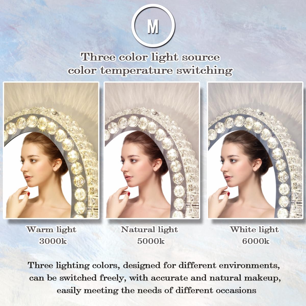Oval Crystal Vanity Mirror with Lights 3 Color Dimmable Large Crystal Light Makeup Mirror for Tabletop Desk Vanity Mirror with Lights 360° Rotation Smart Diamond Oval Lighted Makeup Mirrors