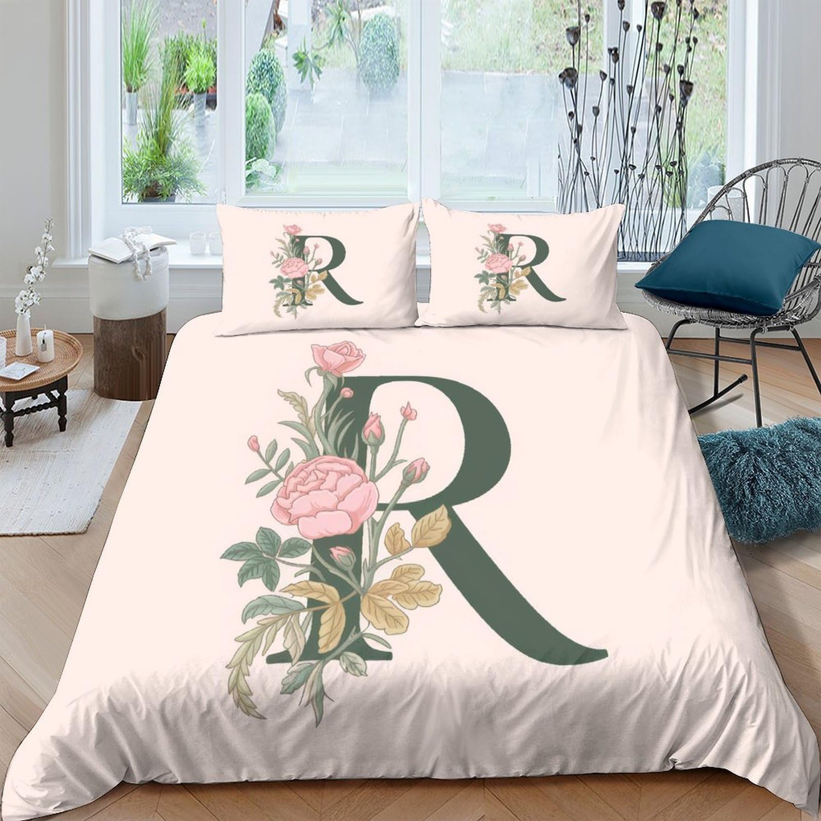 Ctjqhvkz Style-7 3D Printed Floral Monogram Fitted Sheet Microfiber Soft Bedroom Decor Botanical Letter Mattress Cover For Home Dorm Single（135X200cm）