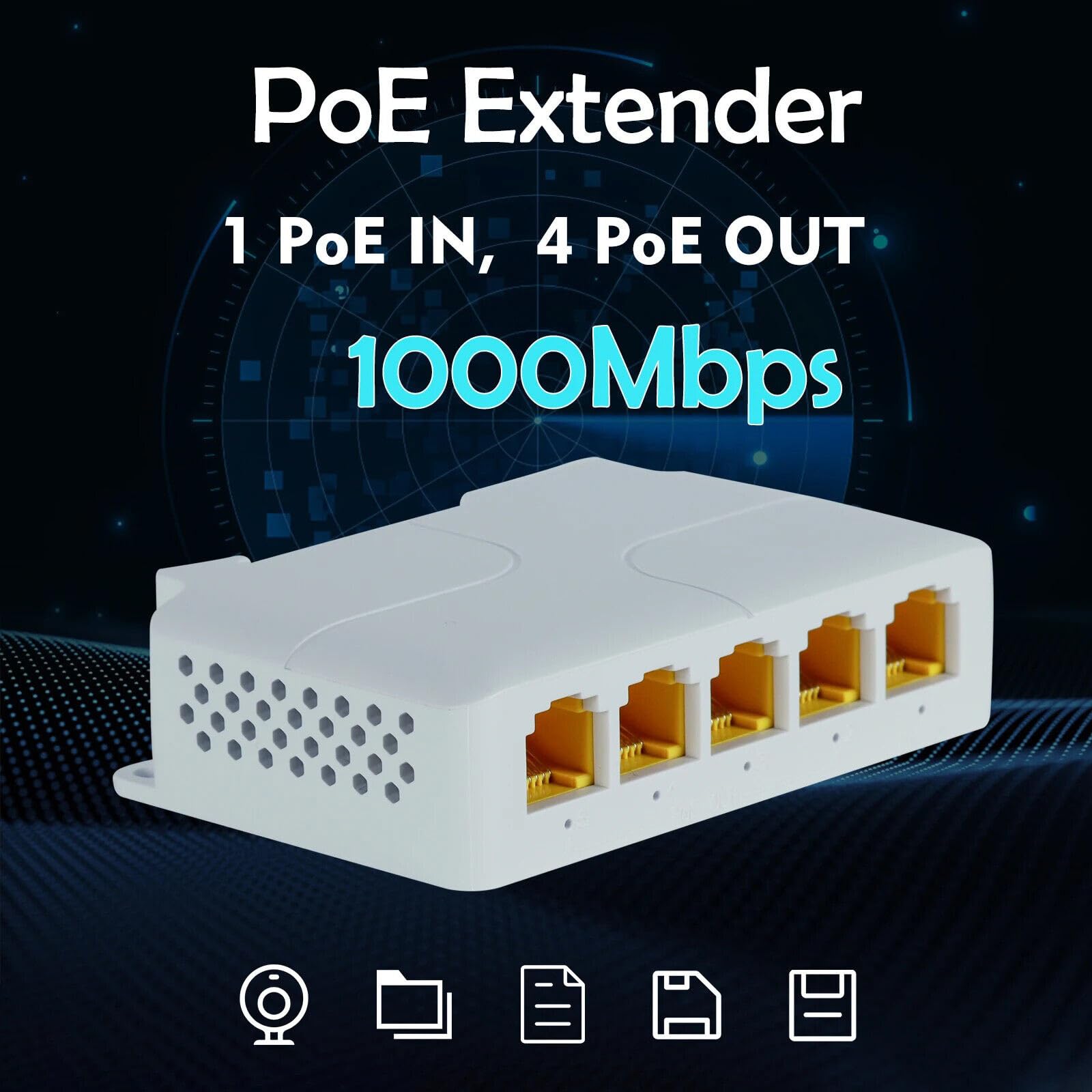 1 in 4 Out PoE Extender, 5 Port Ethernet Repeater for POE Switch/Injector, 1000mbps