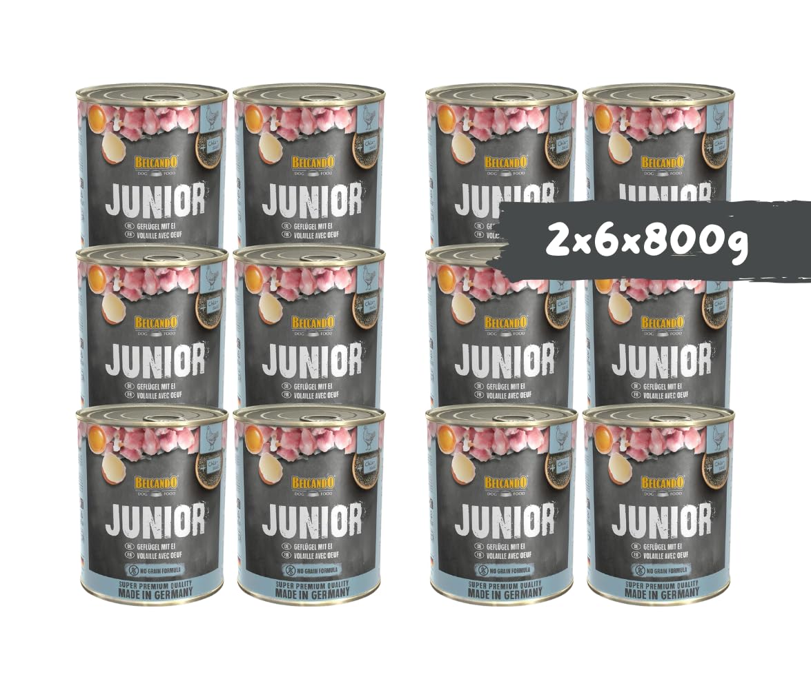 Belcando Junior Geflügel mit Ei 2x6x800g – Nassfutter für Welpen & Junghunde, hochwertiges Aufzuchtfutter mit Geflügel, schonend gegart - Hundefutter Bundle/Sparpaket - Made in Germany