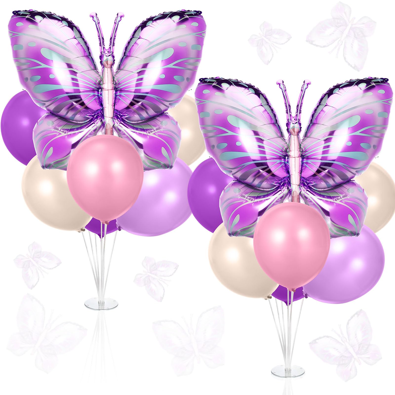 Hungdao 2 Sets Butterfly Party Decorations Table Centerpiece Balloon Stand Kit with Large Butterfly Foil and Latex Balloon for Baby Shower Birthday