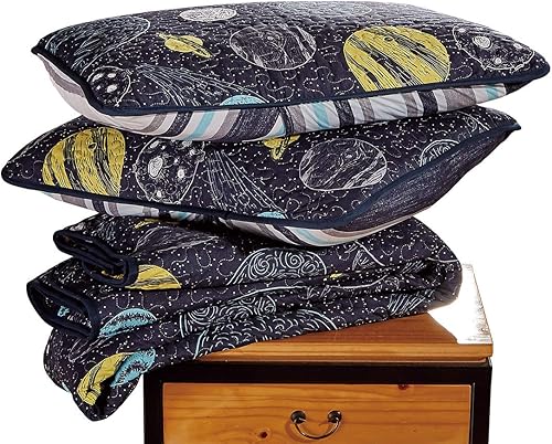 Miniatura 3 de Home Collection - Colcha acolchada Universo Galaxy Sistema Solar Azul Marino Amarillo Azul Para NiñosAdolescentes # Little Galaxy (Full)