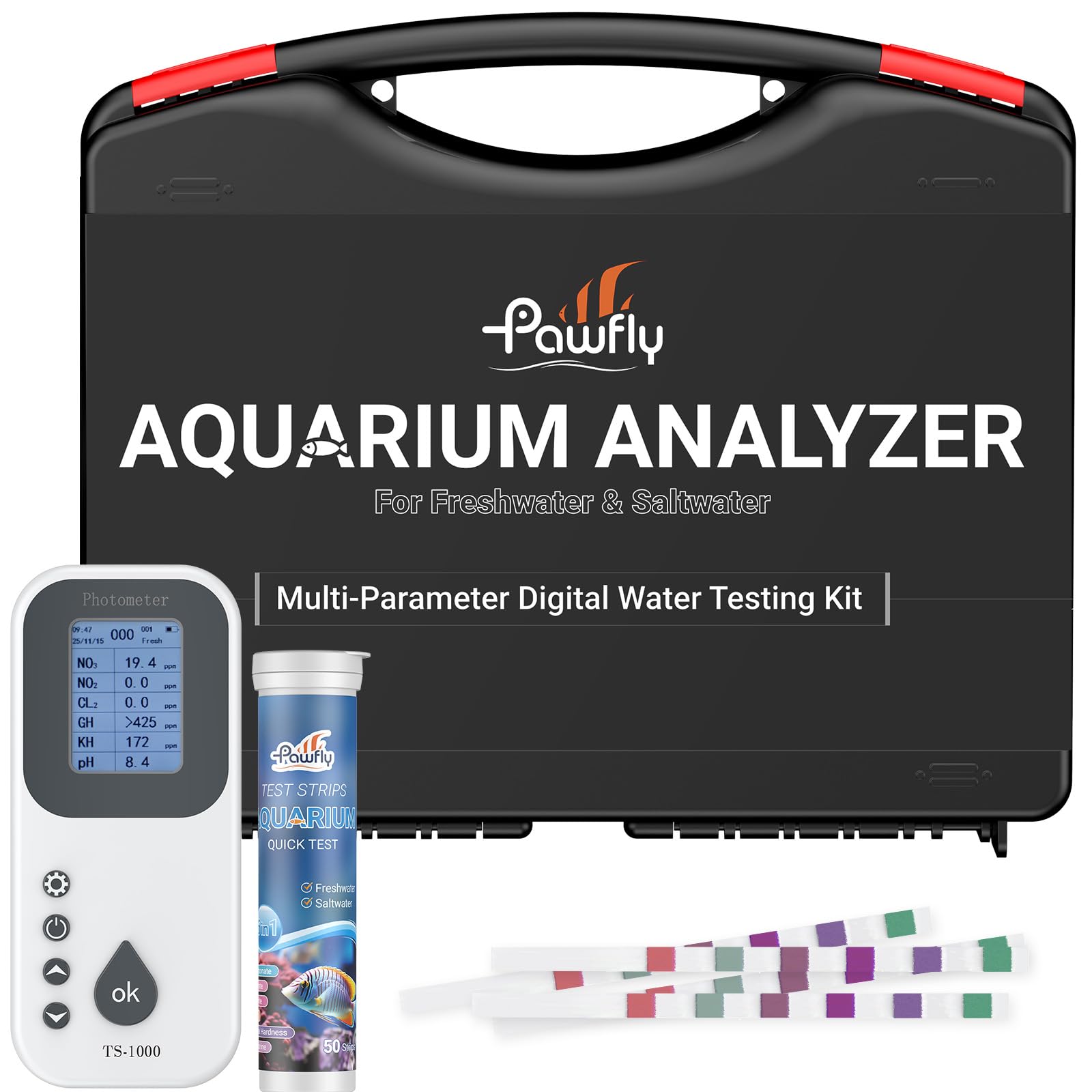 Pawfly 6 in 1 Digital Water Testing Kit, 50 Strips Fresh/Salt Aquarium Water Test Kit, Fish Tank Water Testing Kit, Digital Water Tester for pH, Nitrate, Nitrite, Chlorine, Total Hardness & Carbonate
