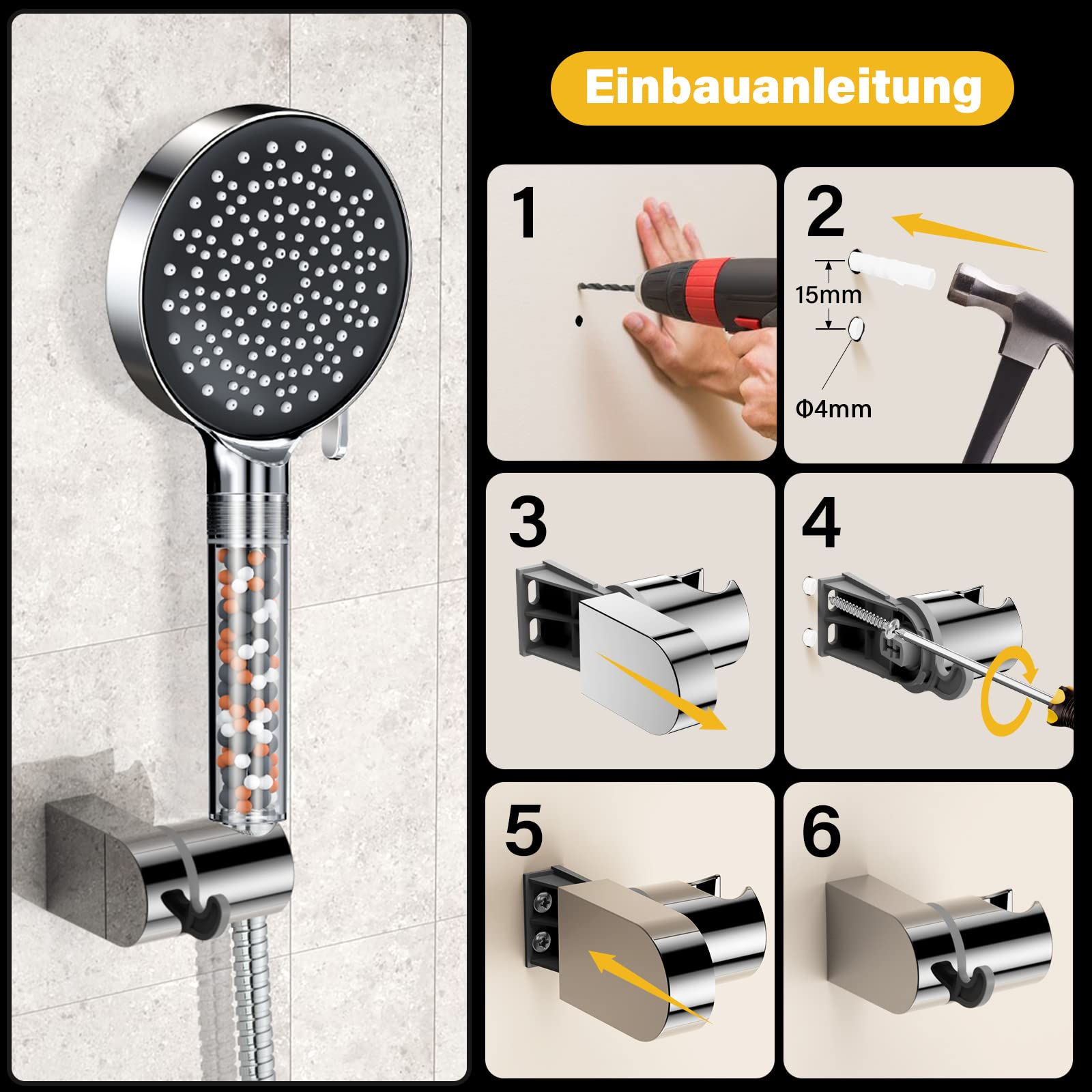 YEAUPE Shower Head Holder, Chrome ABS Plastic, Silver, Wall Mount, Compatible with Most Shower Hoses - Image 2