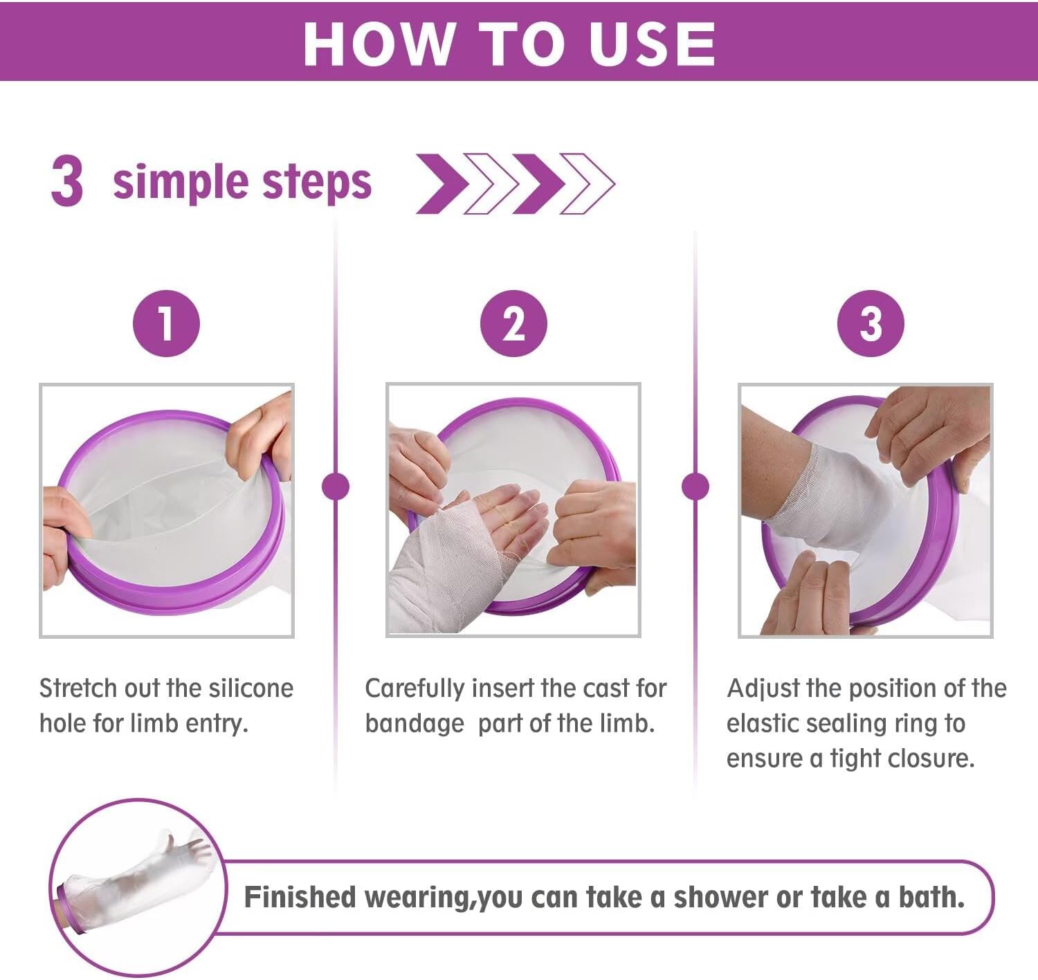 Cast Covers for Shower Arm, Waterproof Cast Cover Arm Adult, Cast Protector for Shower Arm, Reusable Elastic Cast Bag for Bandage, Wound Care Supplies, After Surgery Gifts Purple