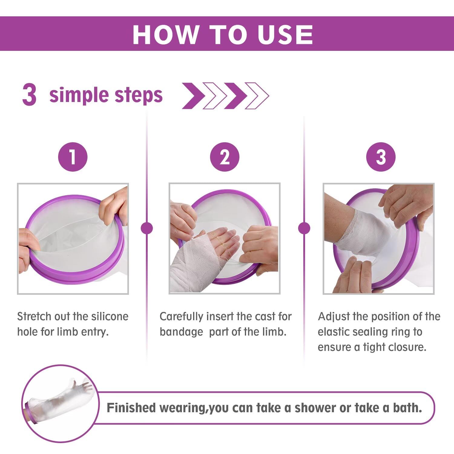 Waterproof Hand Cast Covers for Shower Bath, Adult Watertight Wrist Protector Resuable Wound Bandage Sleeve Bag for Broken Hand, Fingers, Surgery, Burns Purple
