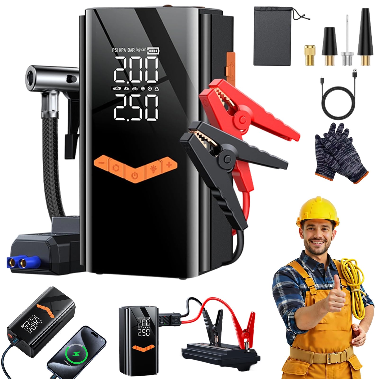 Démarreur De Saut De Voiture 12v 4 en 1, 6000/8000/10000a Booster Voiture Batterie Démarrage Portatif, Pompe De Gonflage De Pneus sans Fil avec LED, Chargeur Nomade Et Lampe De Secours (10000A)