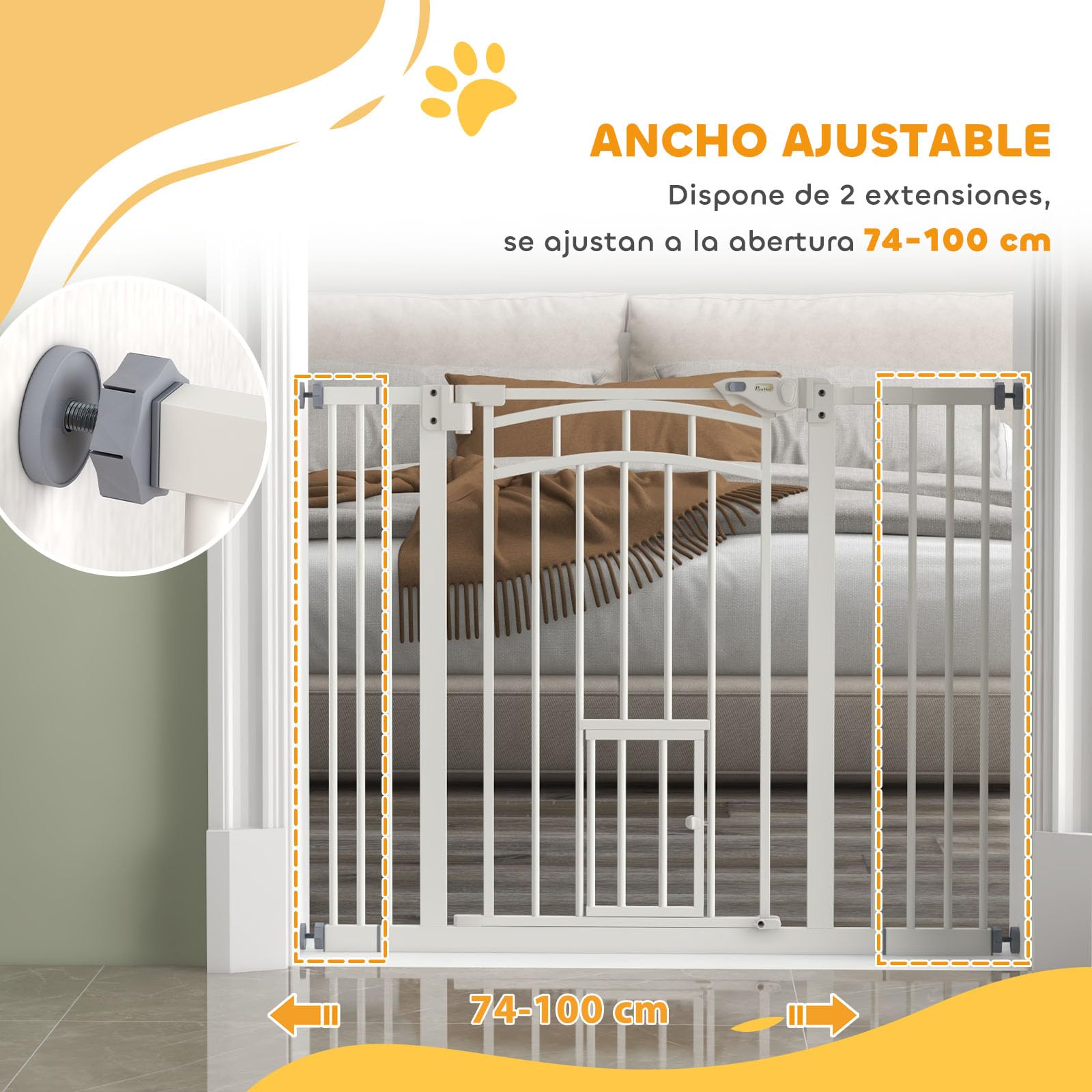 PawHut Barrera de Seguridad para Perros Extensible 74-100 cm Blanco | Barrera para Perros, para Puertas y Escaleras, Montaje a Presión, Puerta Pequeña, Doble Bloqueo
