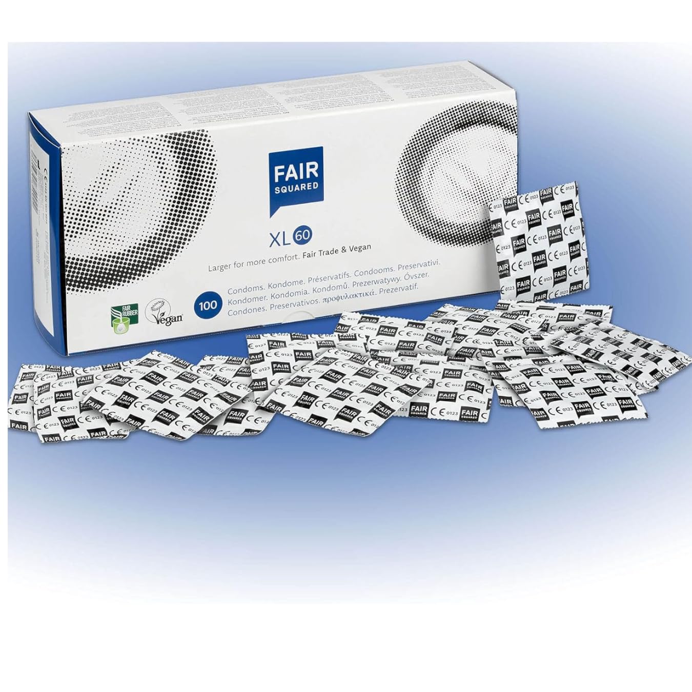 FAIR SQUARED XL Condoms 100 Box 60 mm - Vegan Condoms 100 Made from Fair Trade Natural Rubber - Condom Real Feel Very Delicate Condoms