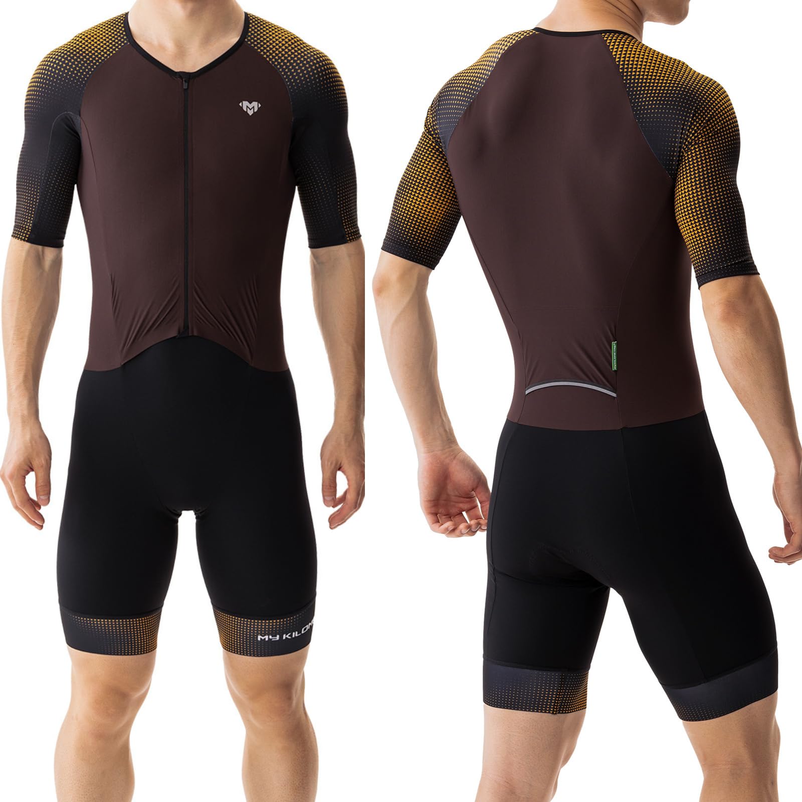 MY KILOMETRE Tuta da Triathlon da Uomo Maniche Corte – Trisuit Traspirante Asciugatura Rapida con Tasca Posteriore