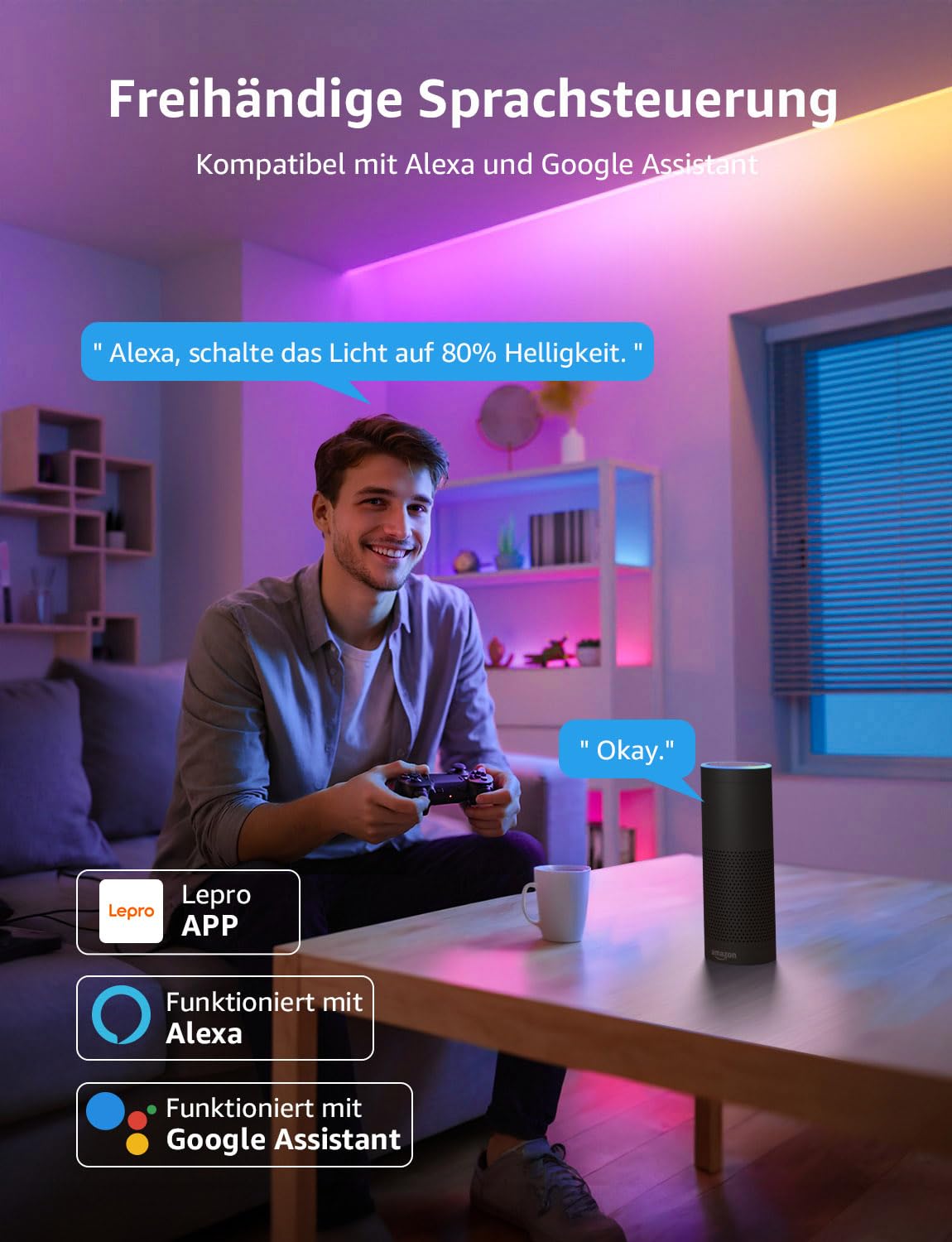 Lepro AI LED Streifen S1, 30M MagicColor RGBIC | Personalisierter KI-Lichtdesigner, Musik-Sync, App-Steuerung, kompatibel mit Alexa&Google Assistant für Party&Gaming