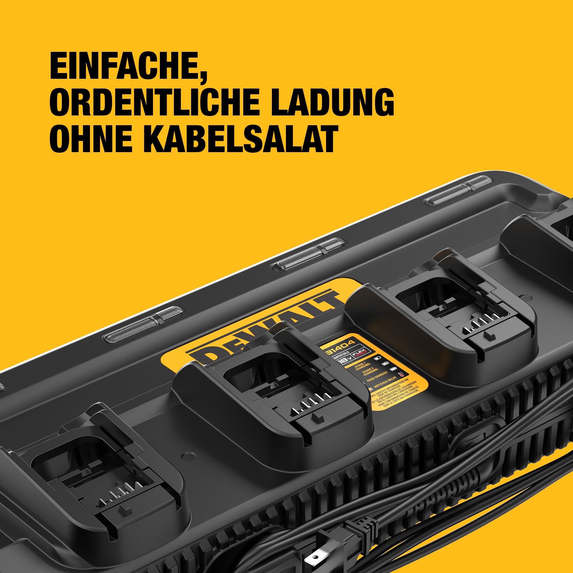 DEWALT XR Quadport-Ladegerät 4A, DCB1404-QW | Quadport-Ladegerät 4A für 4 Akkus 18V XR und 54V FlexVolt mit Lade-LED, Wärmeschutz, Kabelaufwicklung und Wandmontage.