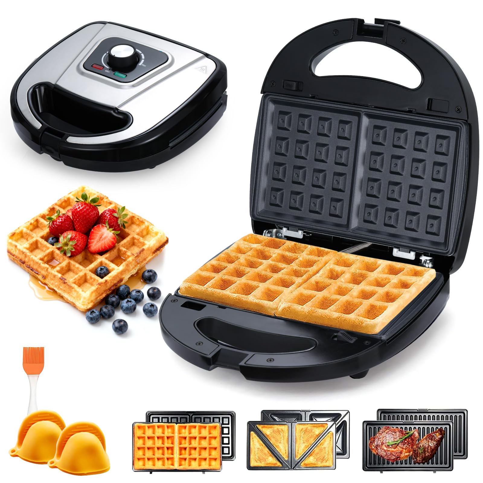 3 IN 1 Frühstücks Sandwichmaker, Elektrisches Waffeleisen | Panini-Grill, Abnehmbare Antihaft-Platten, Für Grillgerichte, Desserts, Waffeln und Sandwiches