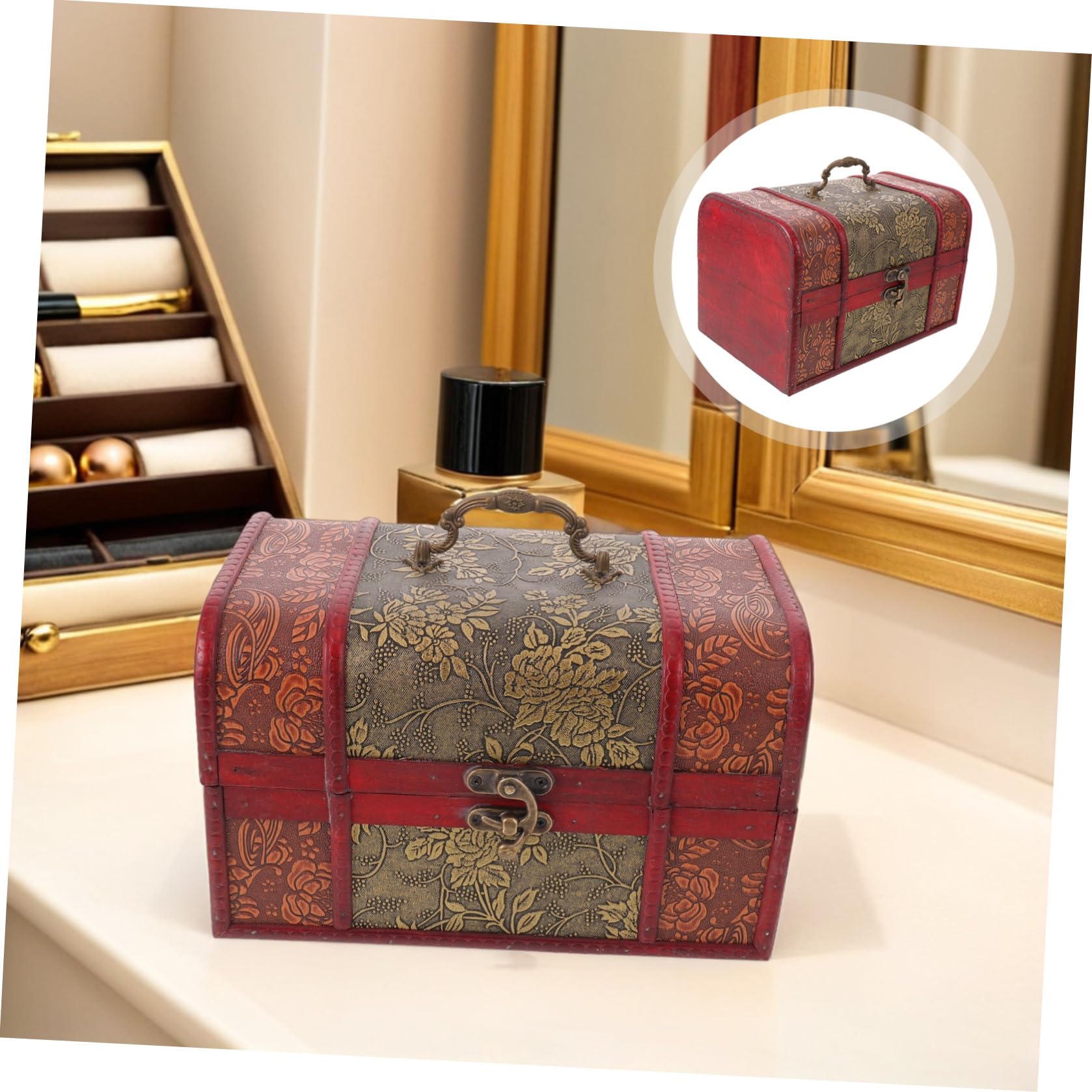 jojofuny Antique Wooden Jewelry Box Large Retro Treasure Chest with Lock for Storing Rings Necklaces Earrings Decorative Storage Organizer for Women