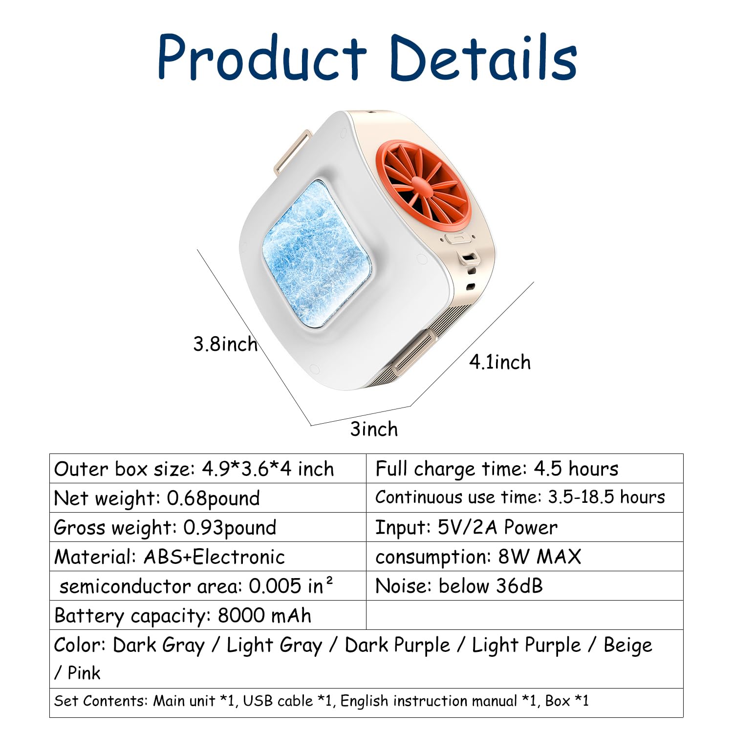 Ventilador de refrigeración de 3 vías para cintura/cuello/escritorio con placa de refrigeración Peltier 3 niveles de viento, carga USB, 8000 mAh, deportes al aire libre/trabajo, potente y