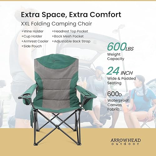 Miniatura 4 de ARROWHEAD OUTDOOR Silla de campamento plegable portátil XXL de gran tamaño con portavasos y vidrio, enfriador de reposabrazos, bolsa de transporte