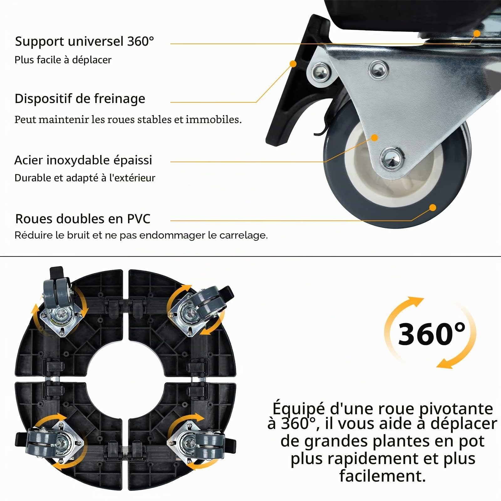LARS360 Rouleau pour plantes de 39 à 52 cm de diamètre, réglable pour l'intérieur et l'extérieur - Avec roues rotatives à 360 °, panneau antidérapant, capacité de charge 300 kg (noir)