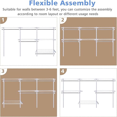 Miniatura 2 de JC Jorden Kit de armario montado de 3 a 6 pies, kit de sistema organizador de armario personalizado con estantería de alambre y varillas para