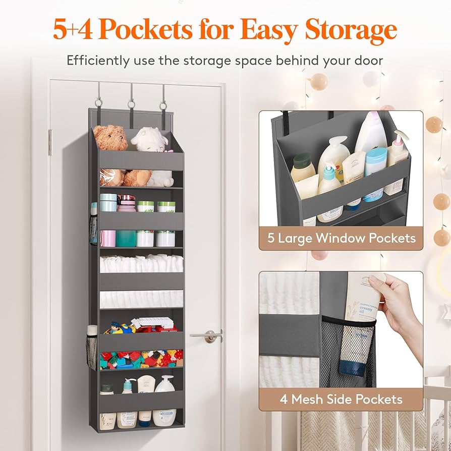 5-Shelf Over-the-Door Hanging Pantry Organizer - Ultra Sturdy With Clear Plastic Pockets, 25lb Capacity, Ideal For Closet, Bedroom, Nursery, Bathroom, And Sundries