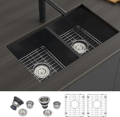 Miniatura 5 de Lonsince Fregadero de cocina con doble tazón, fregadero de cocina negro de 30 x 18 pulgadas, fregadero de cocina de doble tazón, fregadero de cocina