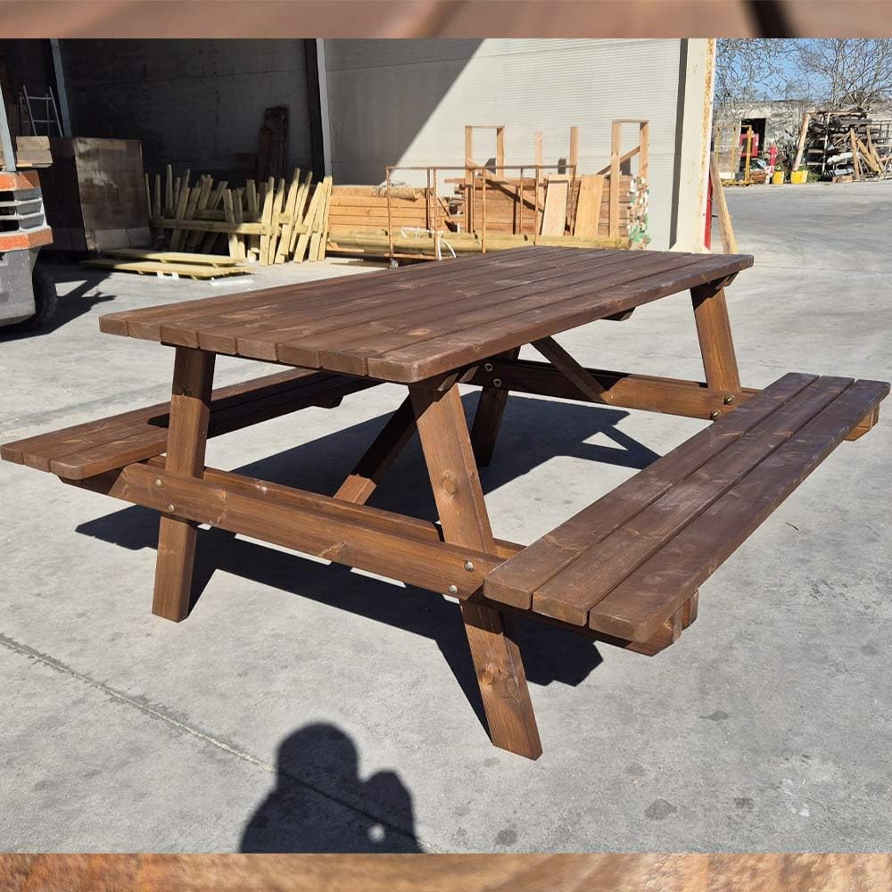SUNWOOD Tavolo da Picnic in Legno con Panche Integrate 180 x 165 cm, 6 posti, in Pino Massello, Made in Italy
