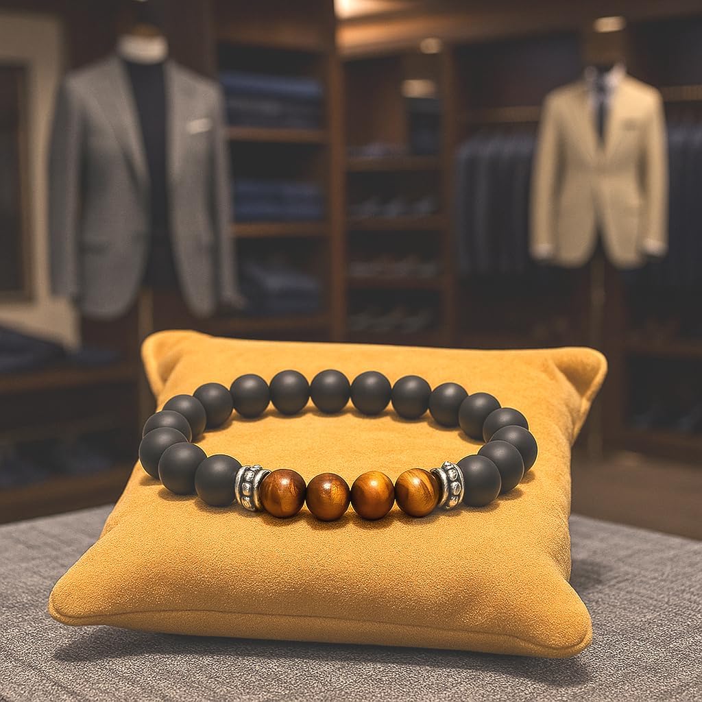 Kartini Studio Natural Stone Bracelet for Men, Gift Idea for Man, Bead Bracelet for Men, Matte Black Onyx and Tiger's Eye Jewelry - Image 3