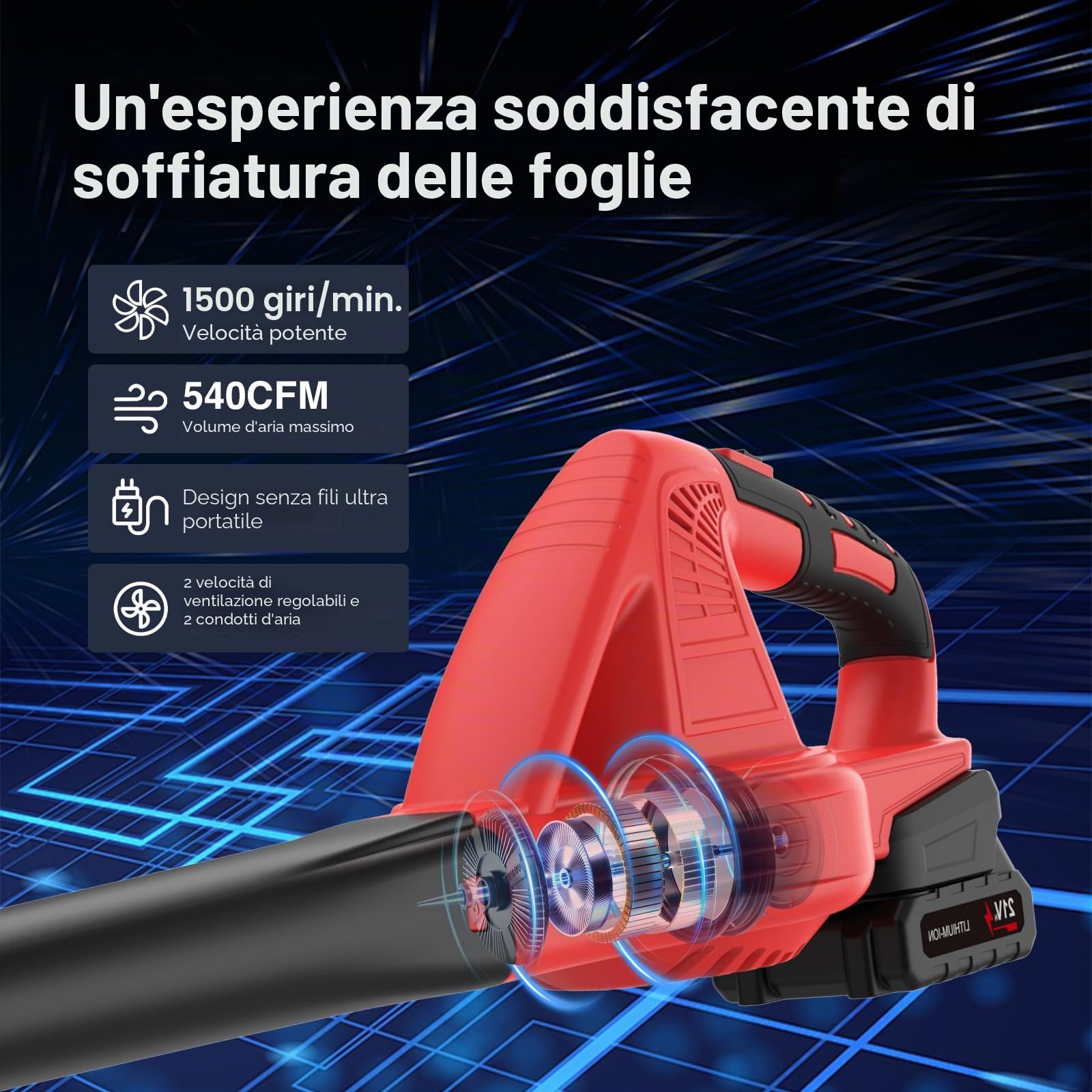 Soffiatore a batteria 21 V, soffiatore senza fili con 2 batterie da 4,0 Ah e caricabatterie, velocità 288 km/h, 2 modalità di velocità, tubo rimovibile, soffiatore di foglie senza fili per terrazza