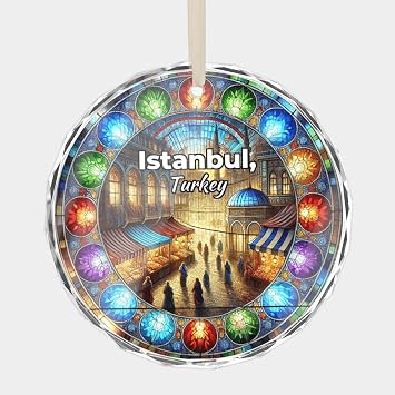 Istanbul Turkey Night Market Travel Souvenir Crystal Glass Christmas Ornament, 3 Flat Round Beveled-Edge Disc 0.23 Thick with Printed Image, Xmas Gift Ornaments