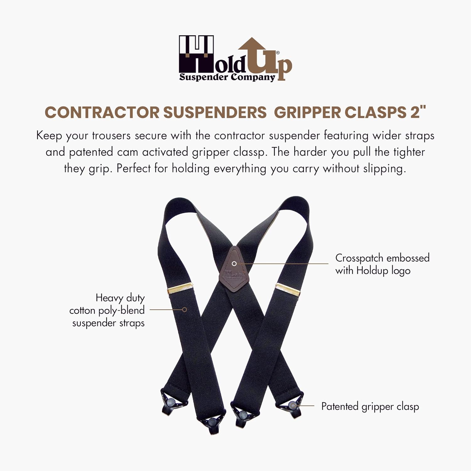 Holdup 2" Wide Contractor Suspenders for Men with Patented Composite Plastic Gripper Clasps - Image 2