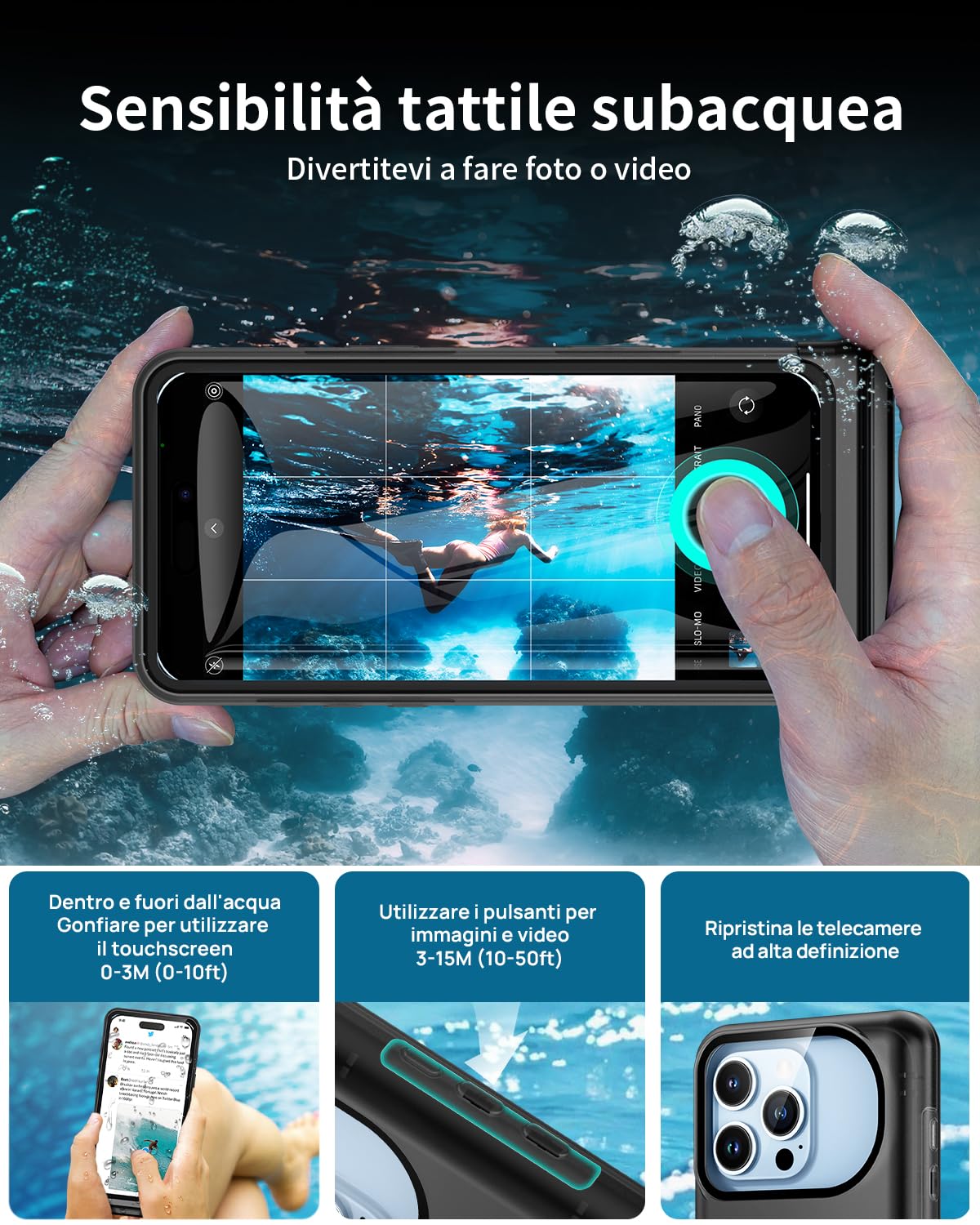 Lanhiem Custodia Impermeabile per iPhone 17/16 16 Pro/15 15 Pro/14 14 Pro/13 13 Pro, 30M/IPX8 Waterproof Cover Subacquea, Touch Screen e Pulsanti Subacquei Solo per iPhone 13 a 16 (6.1"-6.3")