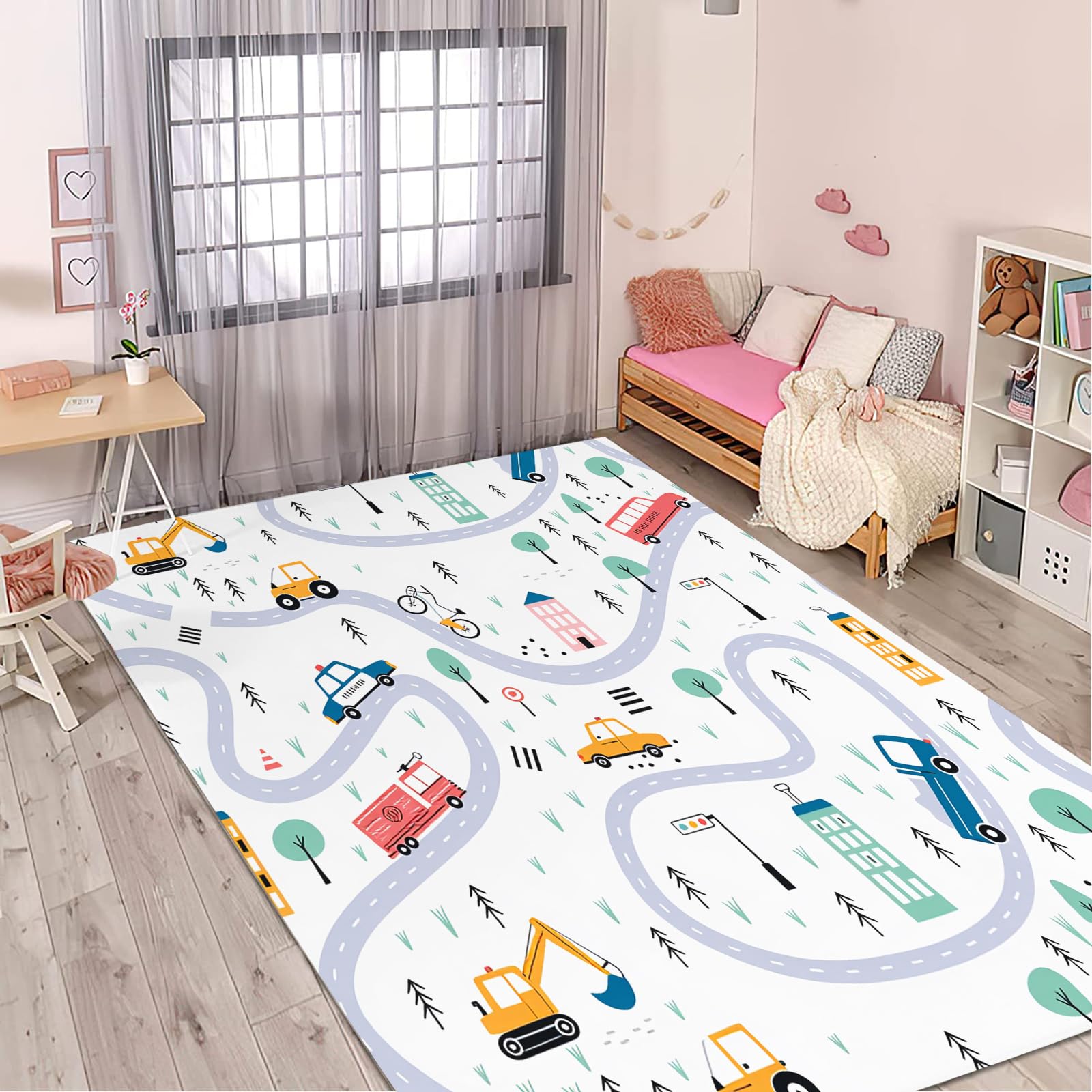 Tapis de salon enfant 80 x 120 cm avec pistes de voitures style dessin animé