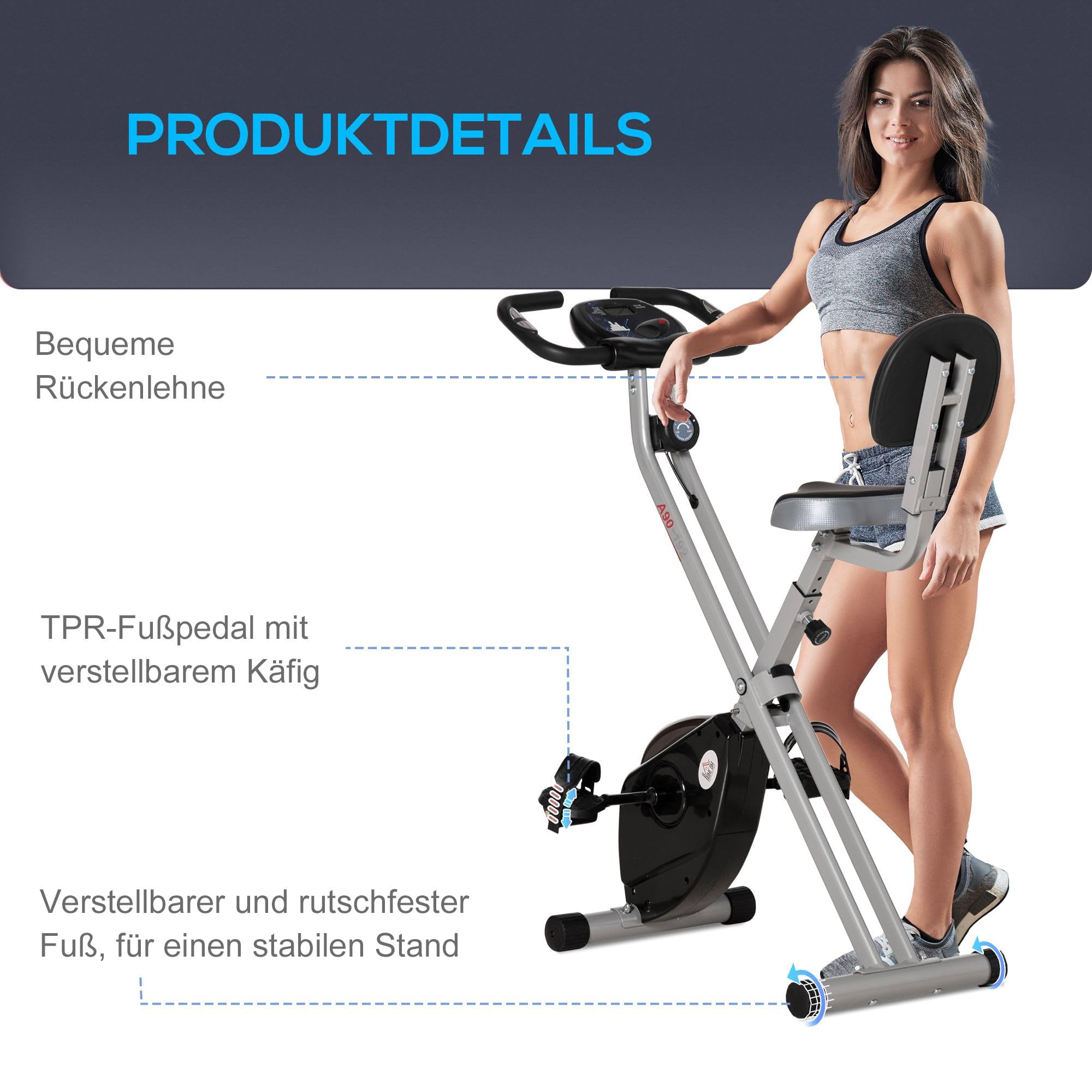 HOMCOM Heimtrainer Fahrradtrainer klappbar Magnetisch Hometrainer Fahrrad mit LCD Monitor, 8 stufig einstellbarem Magnetwiderstand Räder, Leise Platzsparend Fitnessbikes für Zuhause