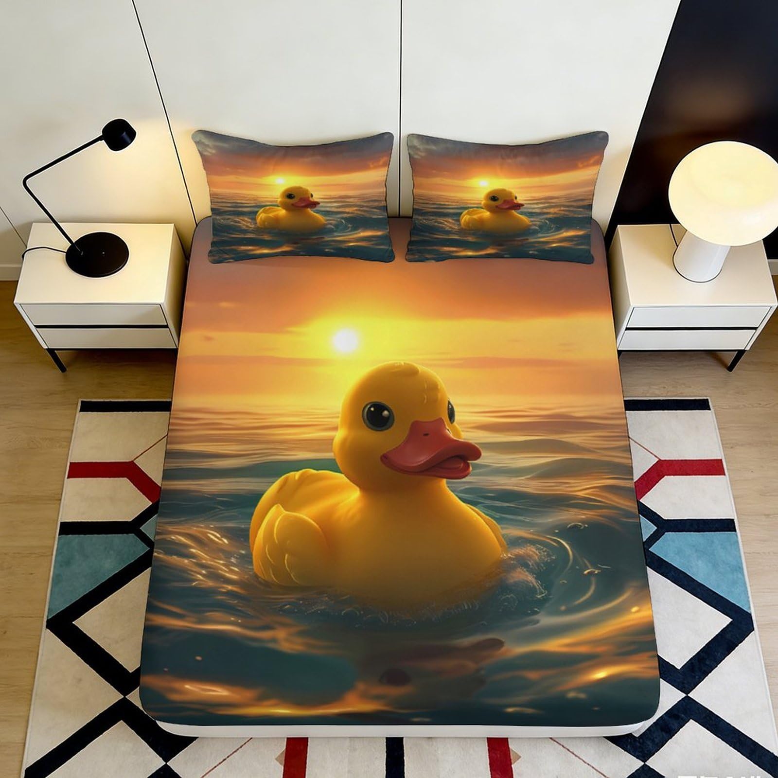 3D Printed Sunset Rubber Duck Fitted Sheet Microfiber Soft Anti-Slip Ocean View Mattress Cover for Bedroom Dorm Decor 90x200x25cm