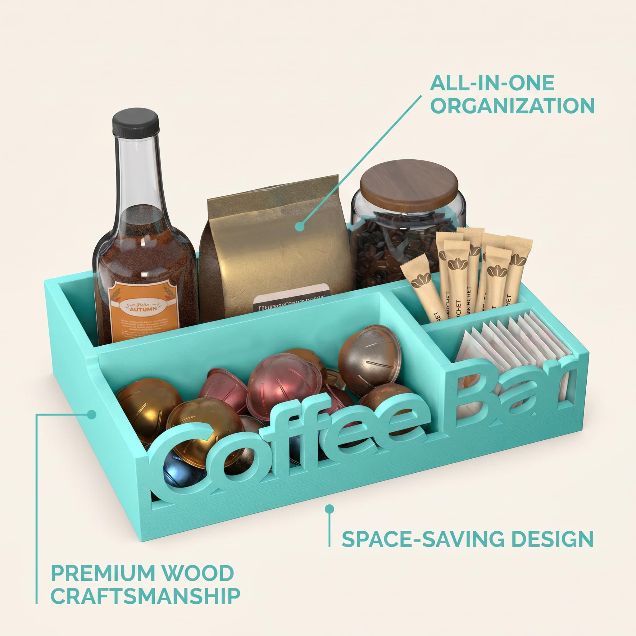 Organizador de barra de café, soporte de madera para cápsulas de café y organizador de condimentos | Cápsulas de café, paquetes de azúcar, varillas y tazas