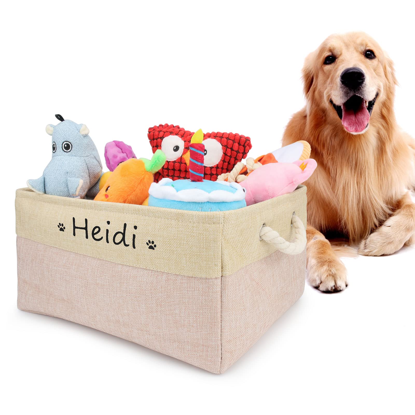 Cuperay Personalized Dog Toy Box, Dog Toy Basket Storage with Cotton Handle, Customized Name and Paw Heart Print Puppy Toy Bin for Organizing Food