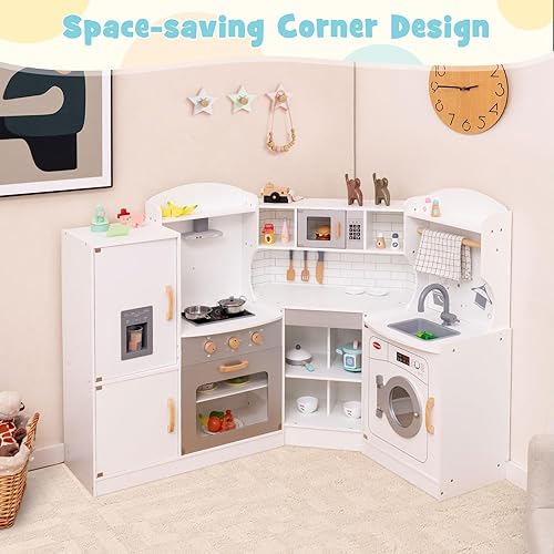 Miniatura 3 de Costzon Juego de cocina de esquina para niños, cocina de madera con lavadora, campana extractora, máquina de hielo, microondas, horno, fregadero,