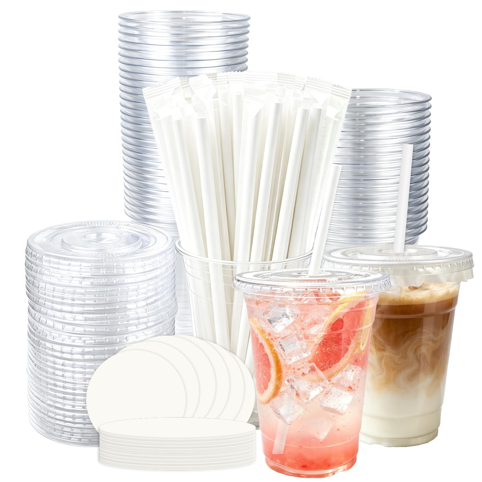 TEYIAN 50Pack 480ml/16oz Plastic Cups with Lids Straws Leak-Proof Paper Clear Coffee Tumbler for Smoothie Milkshake Juice Cold Drink